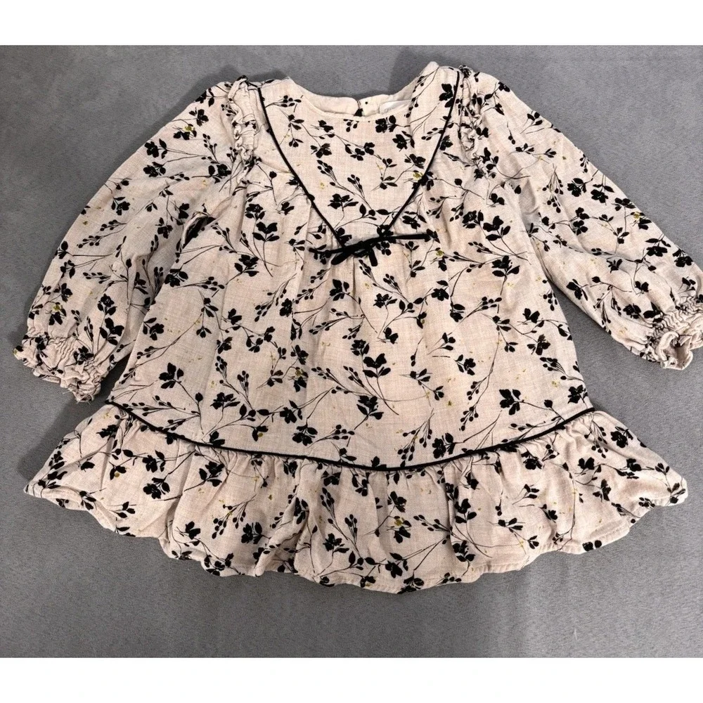 Zara 12-18 Months Neutral Floral Long Sleeve Dress Prairie Boho Ruffle Soft